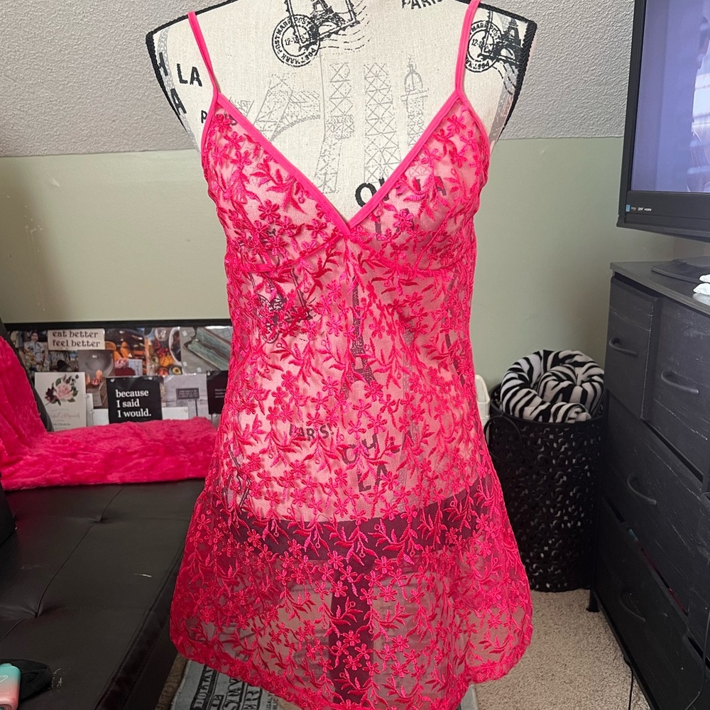 Sheer/lace Pink Lingerie Dress with Flowers